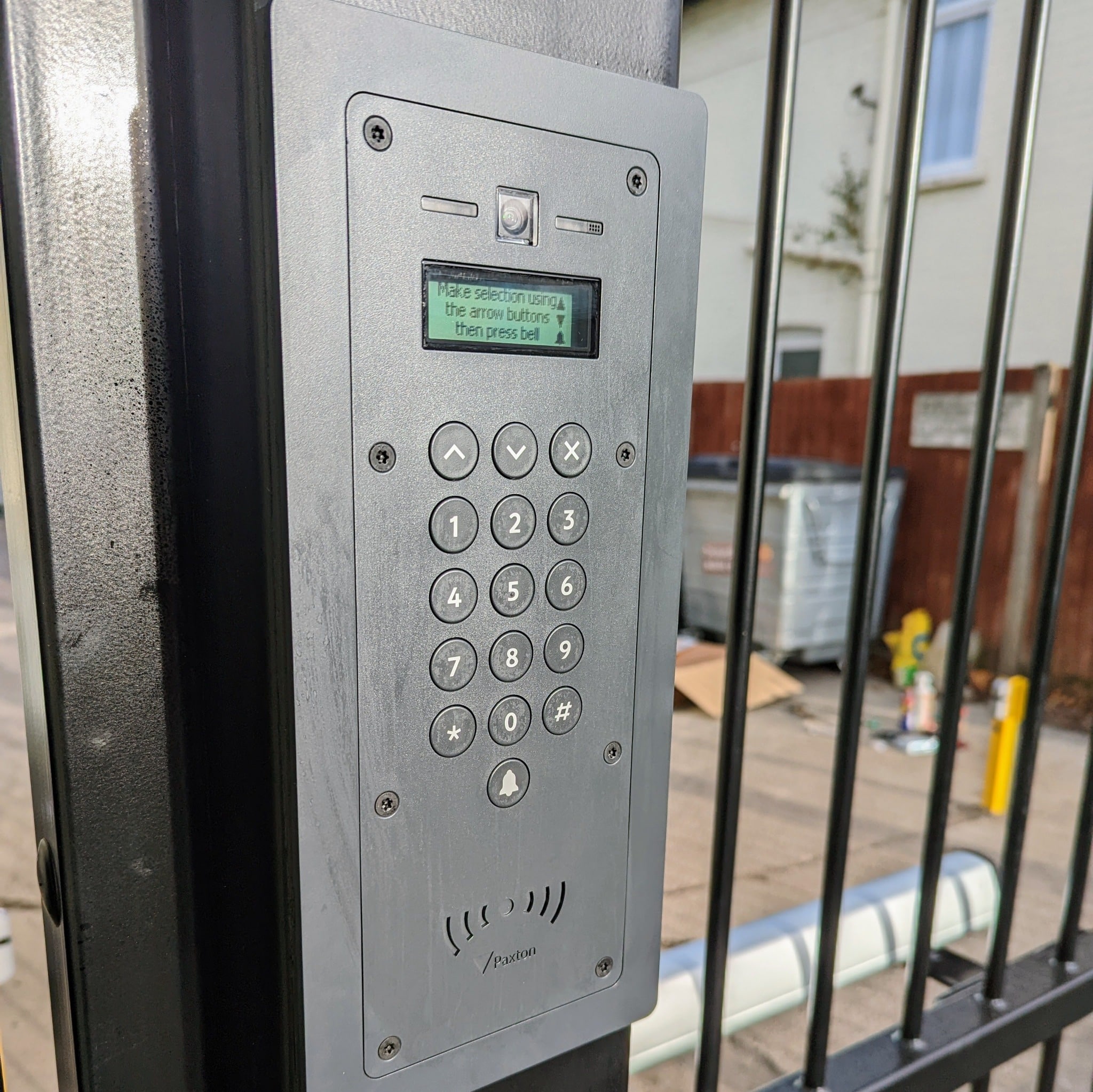 Paxton intercom and access control panel at a communal entrance